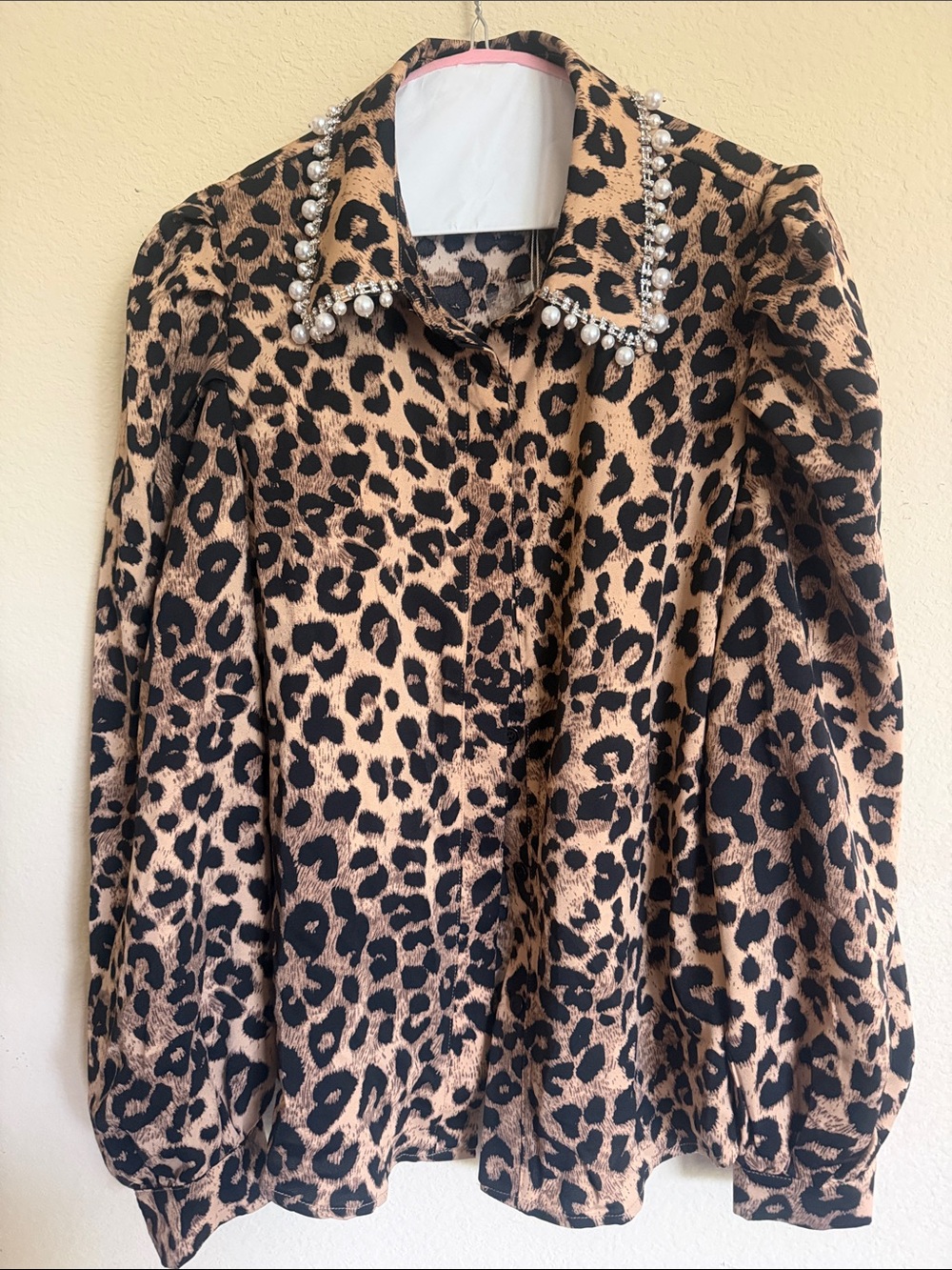 Embellished Leopard Print Button-Up Blouse - Tan/Black